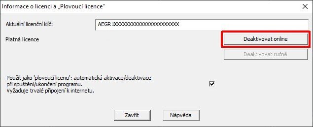 Dialogové okno – Licencování