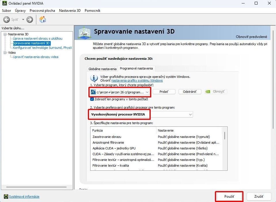 Nastavení grafické karty NVIDIA pro ArCon